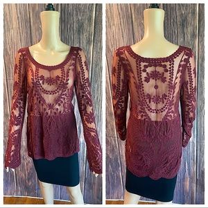 Wishlist size small medium burgundy maroon floral lace long sleeve boho